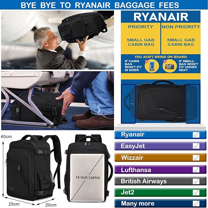 Ryggsäck Kabinväska perfekt för flygresa som Kabin-/Handbagage 20L 40x20x25cm med Laptopfack 14 tum , Svart