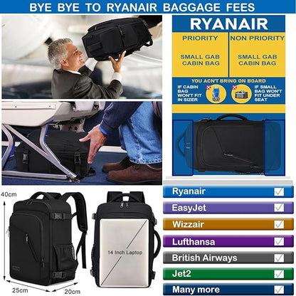 Ryggsäck Kabinväska perfekt för flygresa som Kabin-/Handbagage 20L 40x20x25cm med Laptopfack 14 tum , Svart