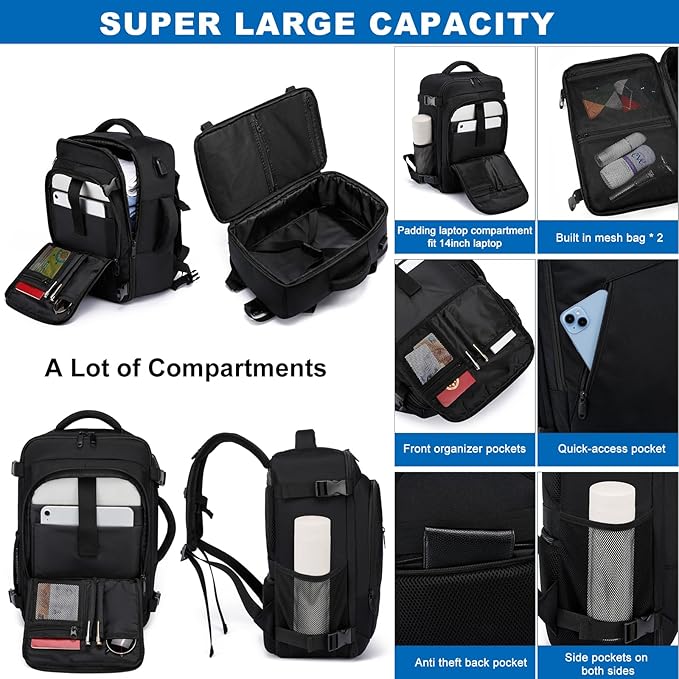 Ryggsäck Kabinväska perfekt för flygresa som Kabin-/Handbagage 20L 40x20x25cm med Laptopfack 14 tum , Svart